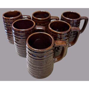 6 Marcrest 5” Daisy Dot Brown Stoneware Coffee Beer Stein Mug Tankard Vintage